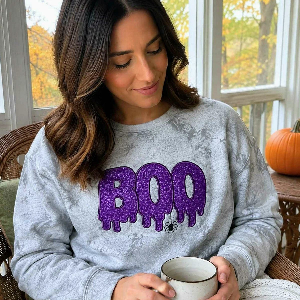 Spooky Season BOO Halloween Dripping Sweatshirt, Embroidered Glitter Crewneck, Trick Treat Party Outfit Fall