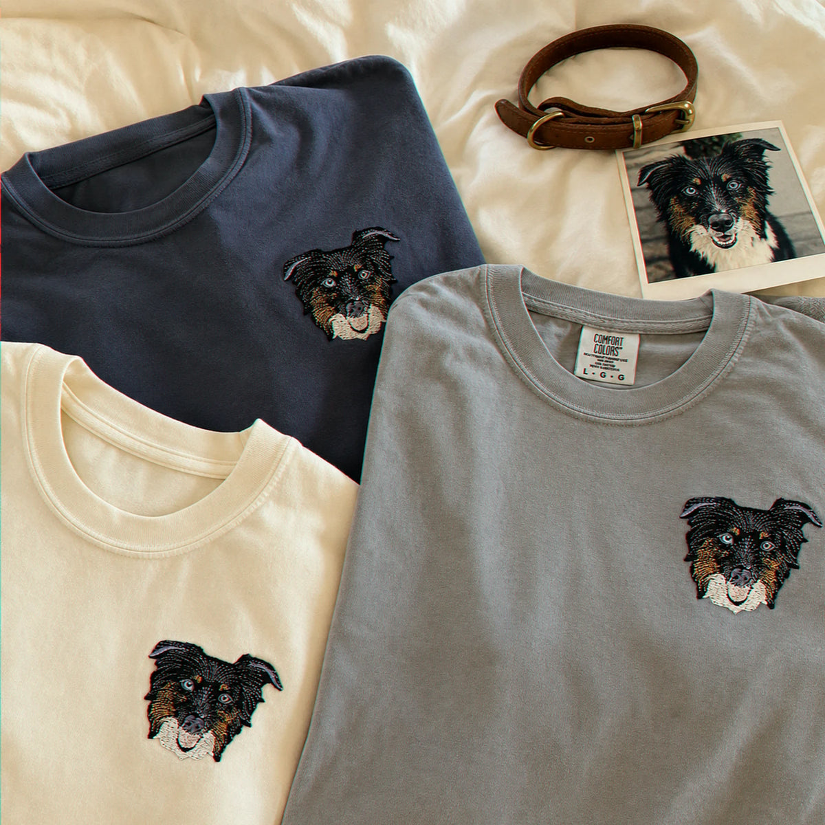 Custom Border Collie Portrait T-Shirt for Dog Lover - Embroidered Pet Photo Full Color Tee & Name - Personalized Dog Parent Gift