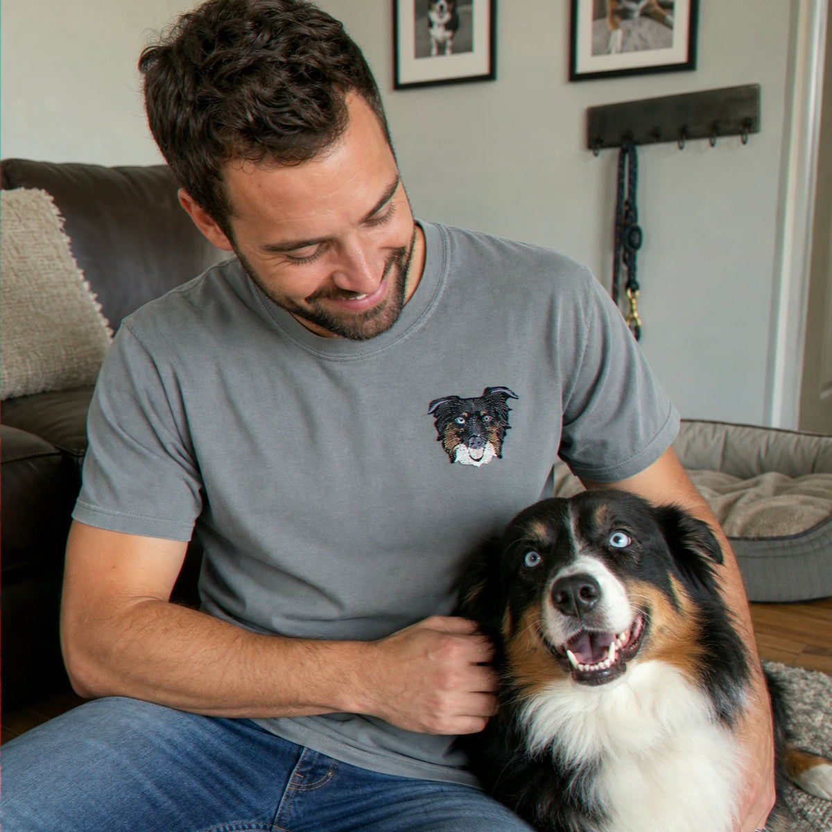 Custom Border Collie Portrait T-Shirt for Dog Lover - Embroidered Pet Photo Full Color Tee & Name - Personalized Dog Parent Gift
