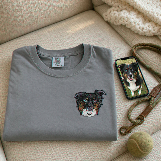 Custom Border Collie Portrait T-Shirt for Dog Lover - Embroidered Pet Photo Full Color Tee & Name - Personalized Dog Parent Gift