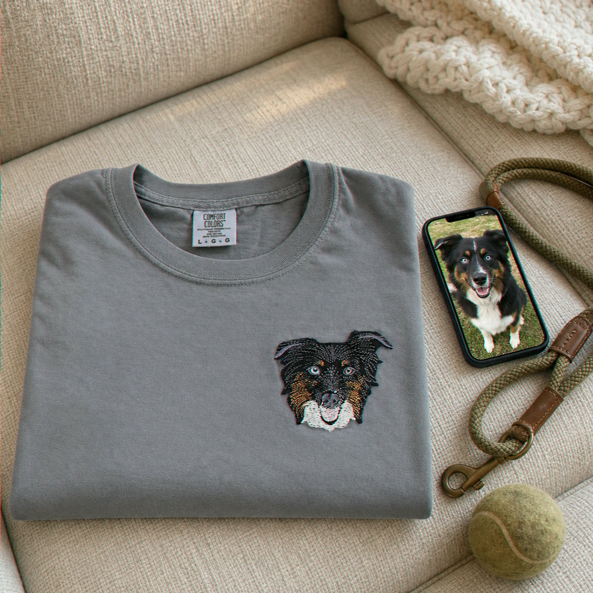 Custom Border Collie Portrait T-Shirt for Dog Lover - Embroidered Pet Photo Full Color Tee & Name - Personalized Dog Parent Gift