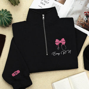 Custom RN Name Nurse Week Gifts for Women, Personalized Embroidered Nurse Coquette Quarter Zip Sweatshirt