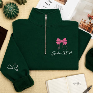 Custom RN Name Nurse Week Gifts for Women, Personalized Embroidered Nurse Coquette Quarter Zip Sweatshirt