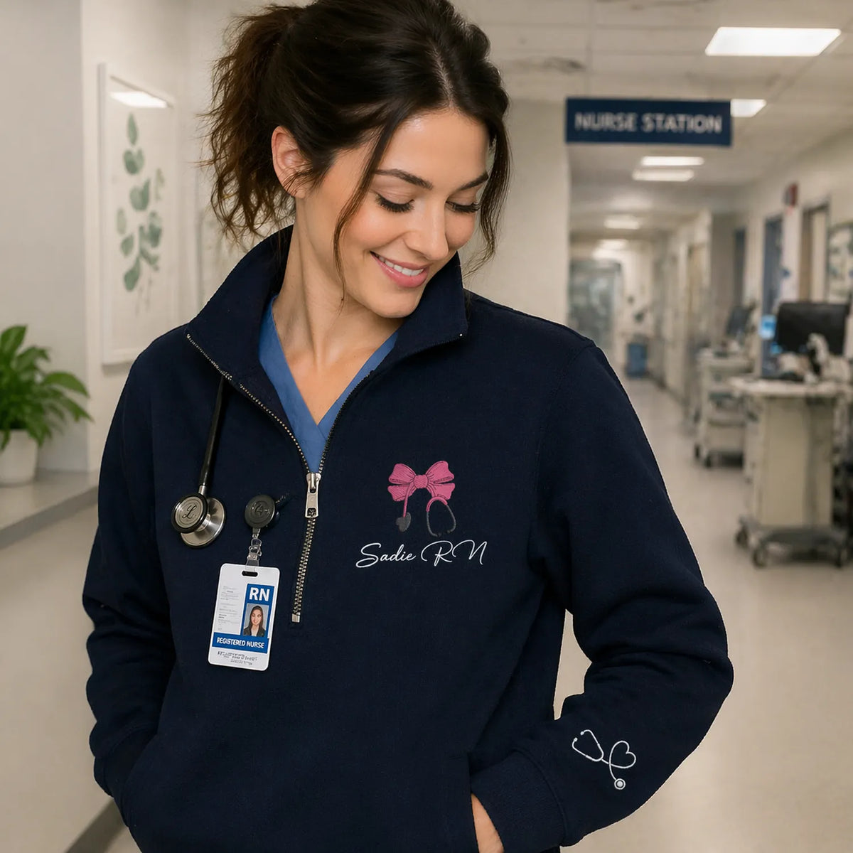Custom RN Name Nurse Week Gifts for Women, Personalized Embroidered Nurse Coquette Quarter Zip Sweatshirt