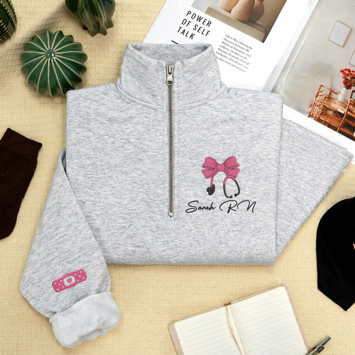 Custom RN Name Nurse Week Gifts for Women, Personalized Embroidered Nurse Coquette Quarter Zip Sweatshirt