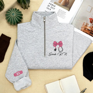 Custom RN Name Nurse Week Gifts for Women, Personalized Embroidered Nurse Coquette Quarter Zip Sweatshirt