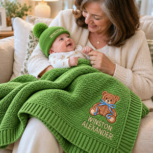 Custom Baby Blanket with Name Boy, Embroidered Teddy Knit Newborn Blanket, New Grandson Gift from Grandma
