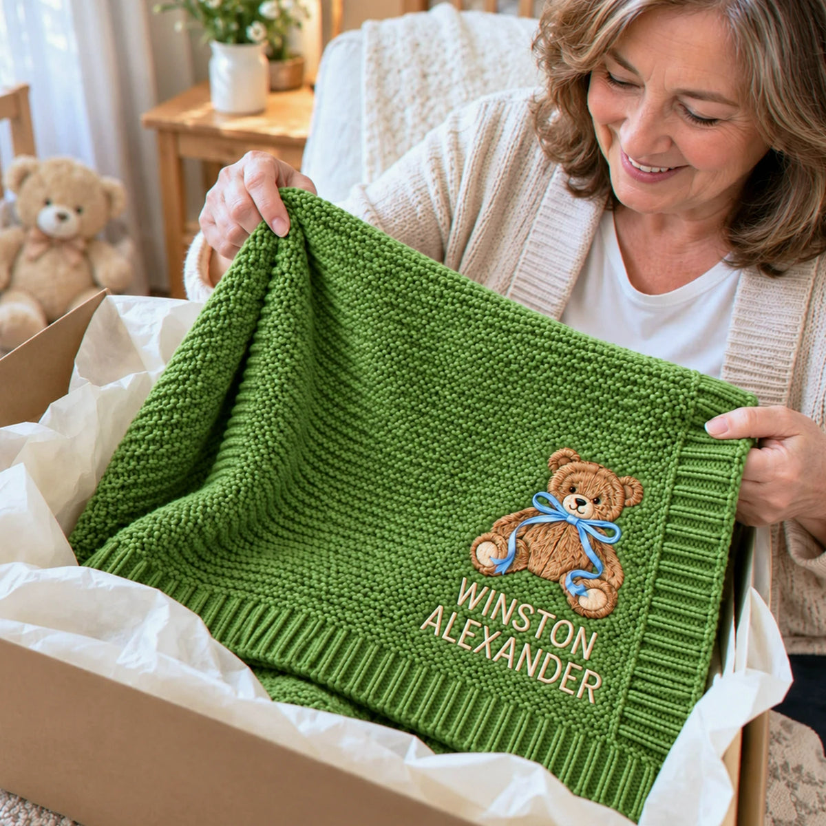 Custom Baby Blanket with Name Boy, Embroidered Teddy Knit Newborn Blanket, New Grandson Gift from Grandma