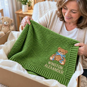 Custom Baby Blanket with Name Boy, Embroidered Teddy Knit Newborn Blanket, New Grandson Gift from Grandma
