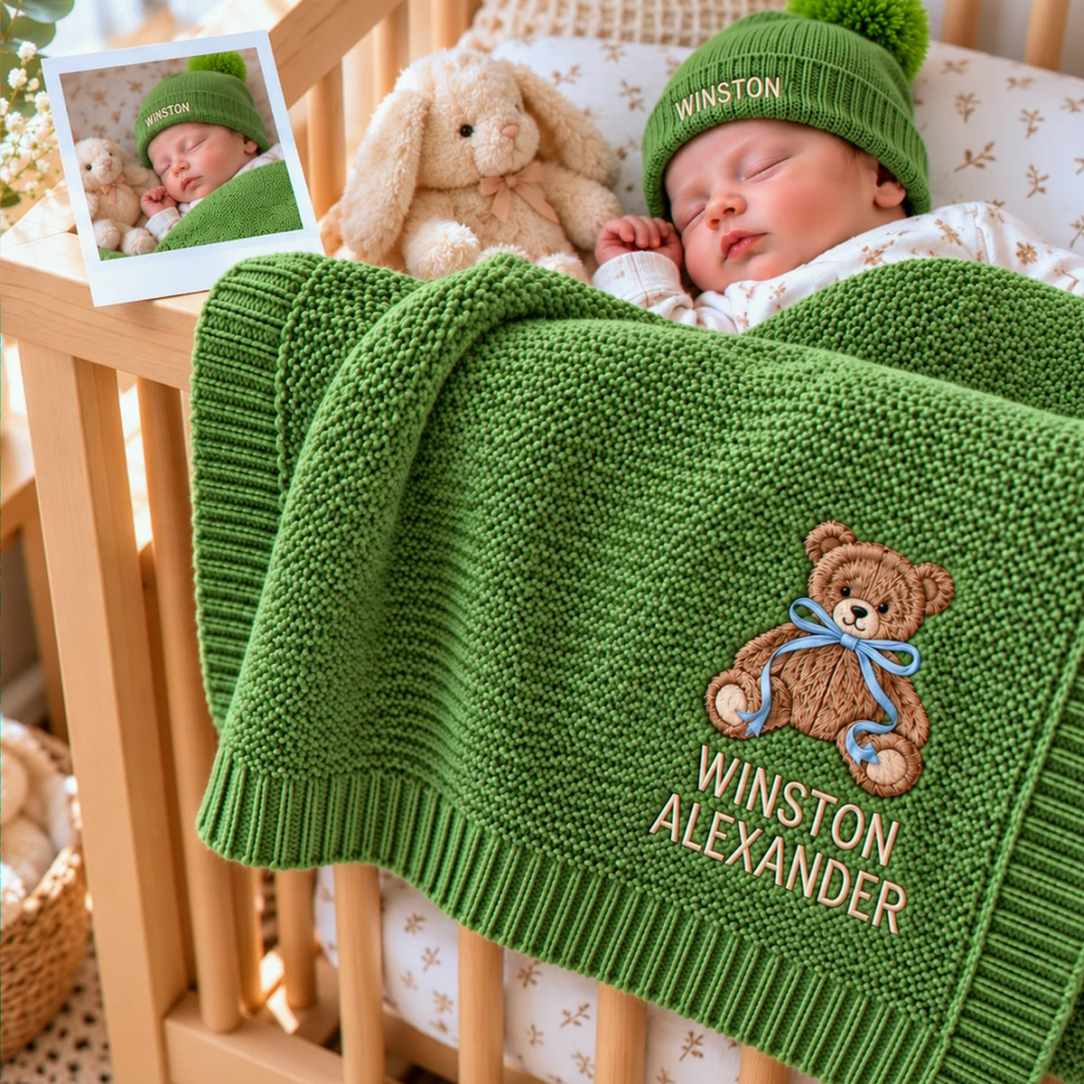 Sleeping baby with a personalized green knit blanket featuring teddy bear embroidery and a matching name beanie