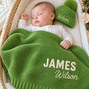 Custom Knitted Baby Blanket Boy, Embroidered Newborn Cotton Blanket with Name, Baby Boy First Christmas Gift