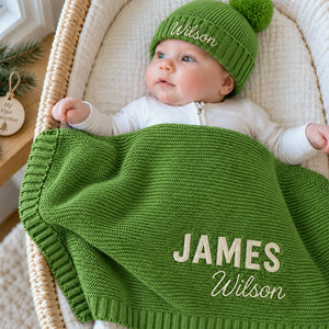 Custom Knitted Baby Blanket Boy, Embroidered Newborn Cotton Blanket with Name, Baby Boy First Christmas Gift