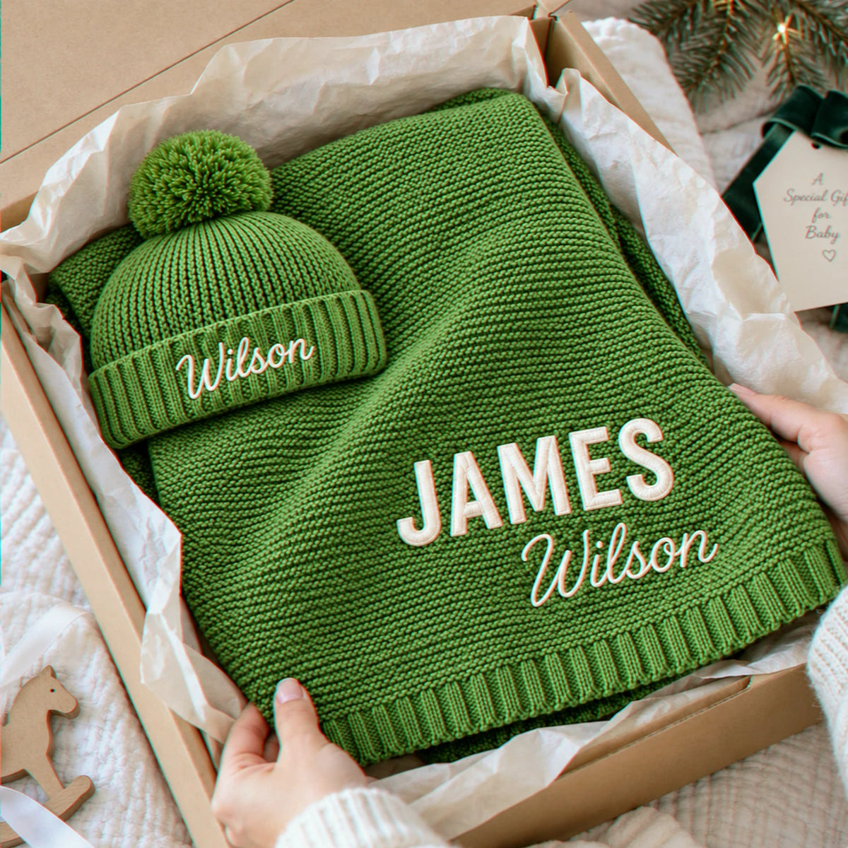 Custom Knitted Baby Blanket Boy, Embroidered Newborn Cotton Blanket with Name, Baby Boy First Christmas Gift