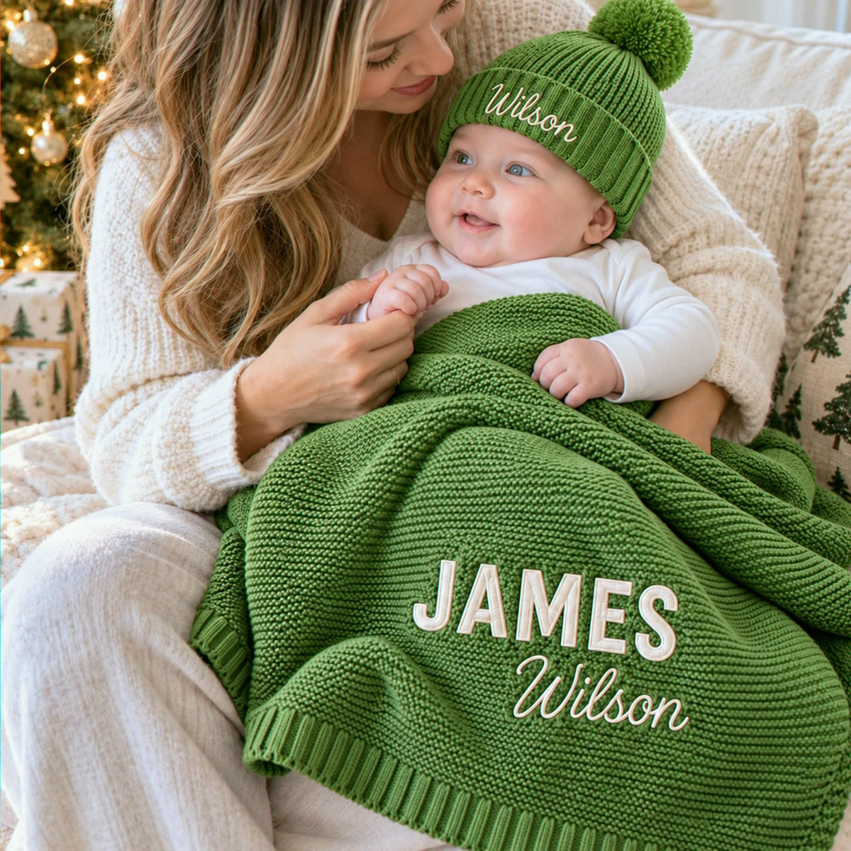 Custom Knitted Baby Blanket Boy, Embroidered Newborn Cotton Blanket with Name, Baby Boy First Christmas Gift