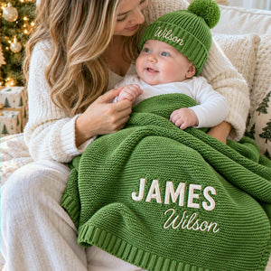 Custom Knitted Baby Blanket Boy, Embroidered Newborn Cotton Blanket with Name, Baby Boy First Christmas Gift