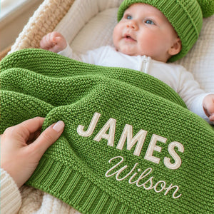 Custom Knitted Baby Blanket Boy, Embroidered Newborn Cotton Blanket with Name, Baby Boy First Christmas Gift