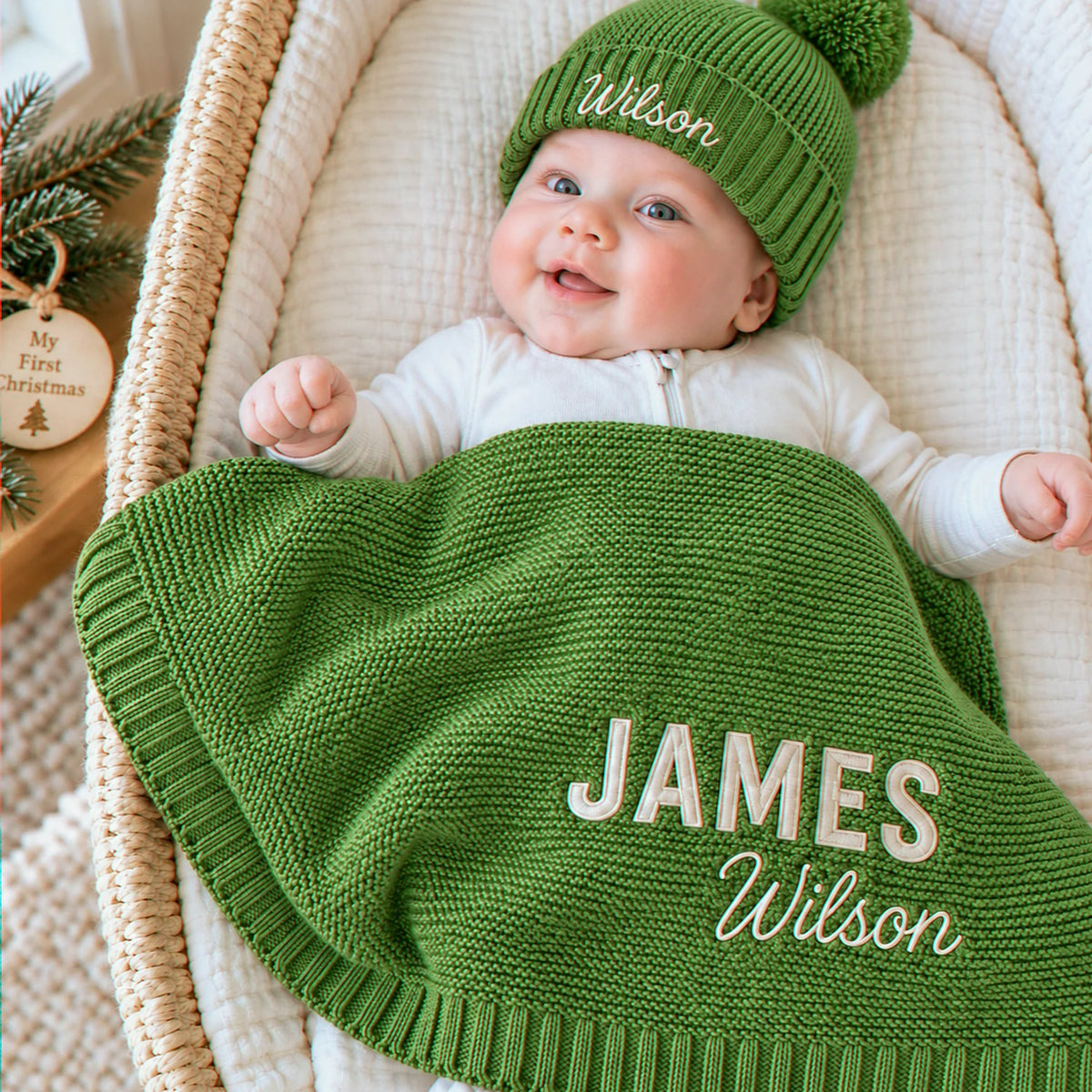 Custom Knitted Baby Blanket Boy, Embroidered Newborn Cotton Blanket with Name, Baby Boy First Christmas Gift