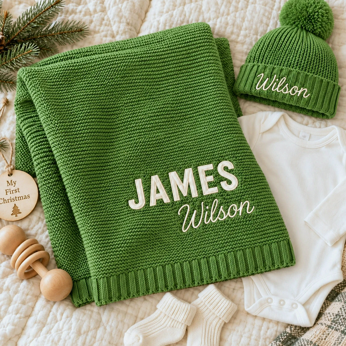 Custom Knitted Baby Blanket Boy, Embroidered Newborn Cotton Blanket with Name, Baby Boy First Christmas Gift