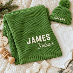 Custom Knitted Baby Blanket Boy, Embroidered Newborn Cotton Blanket with Name, Baby Boy First Christmas Gift