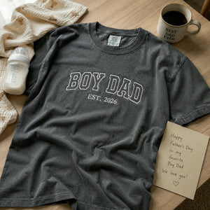 Custom Embroidered Boy Dad Est T-Shirt or Sweatshirt with Kid Name, Son in Law, Dad, Stepdad Fathers Day Gifts