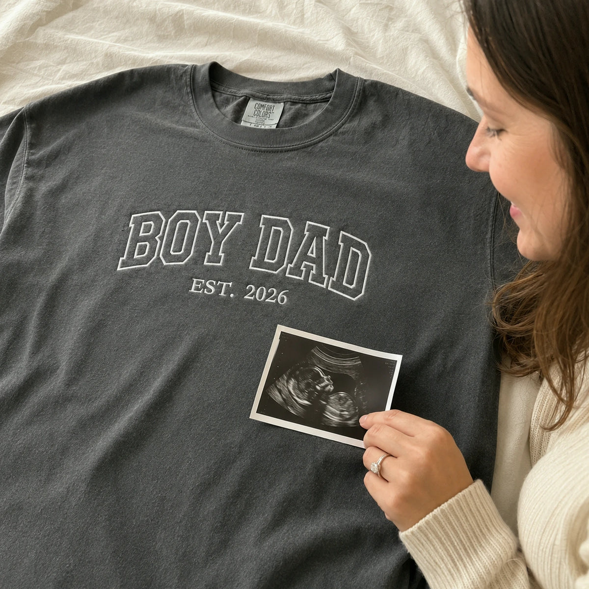 Custom Embroidered Boy Dad Est T-Shirt or Sweatshirt with Kid Name, Son in Law, Dad, Stepdad Fathers Day Gifts