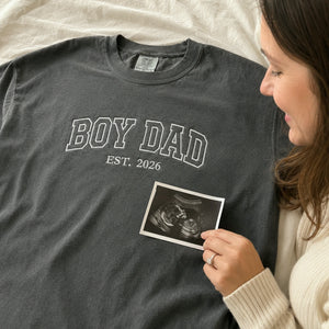 Custom Embroidered Boy Dad Est T-Shirt or Sweatshirt with Kid Name, Son in Law, Dad, Stepdad Fathers Day Gifts