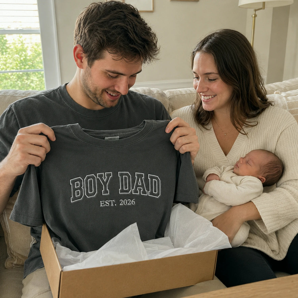Custom Embroidered Boy Dad Est T-Shirt or Sweatshirt with Kid Name, Son in Law, Dad, Stepdad Fathers Day Gifts