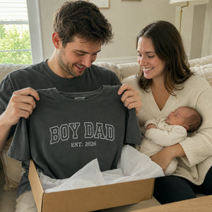 Custom Embroidered Boy Dad Est T-Shirt or Sweatshirt with Kid Name, Son in Law, Dad, Stepdad Fathers Day Gifts