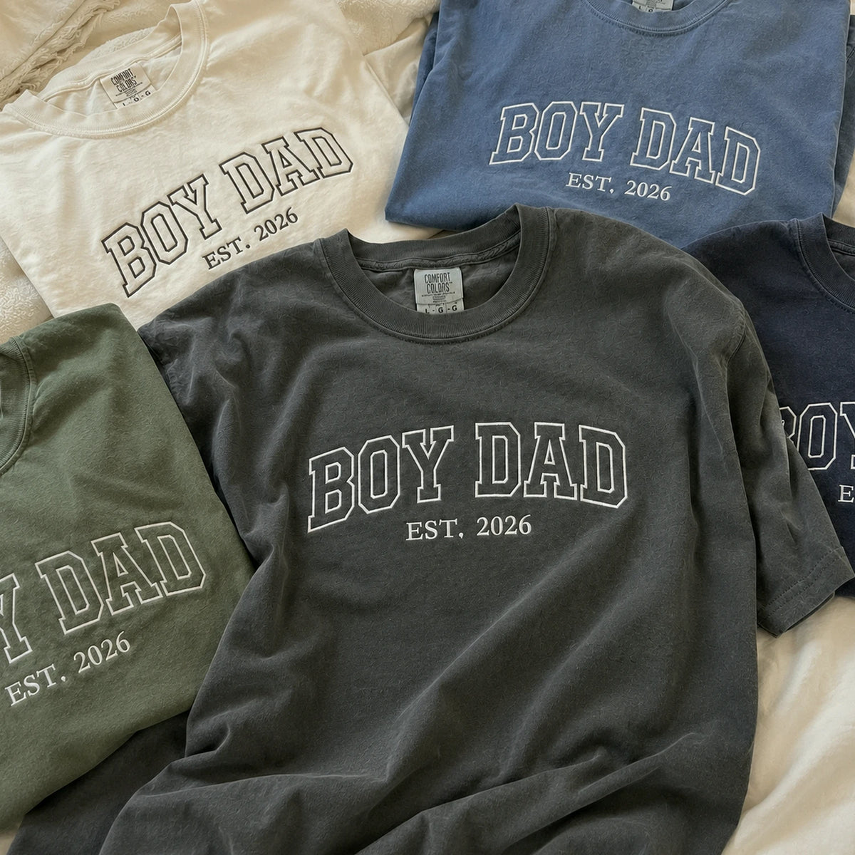 Custom Embroidered Boy Dad Est T-Shirt or Sweatshirt with Kid Name, Son in Law, Dad, Stepdad Fathers Day Gifts