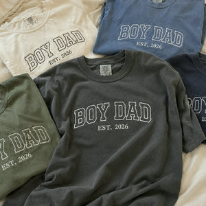 Custom Embroidered Boy Dad Est T-Shirt or Sweatshirt with Kid Name, Son in Law, Dad, Stepdad Fathers Day Gifts
