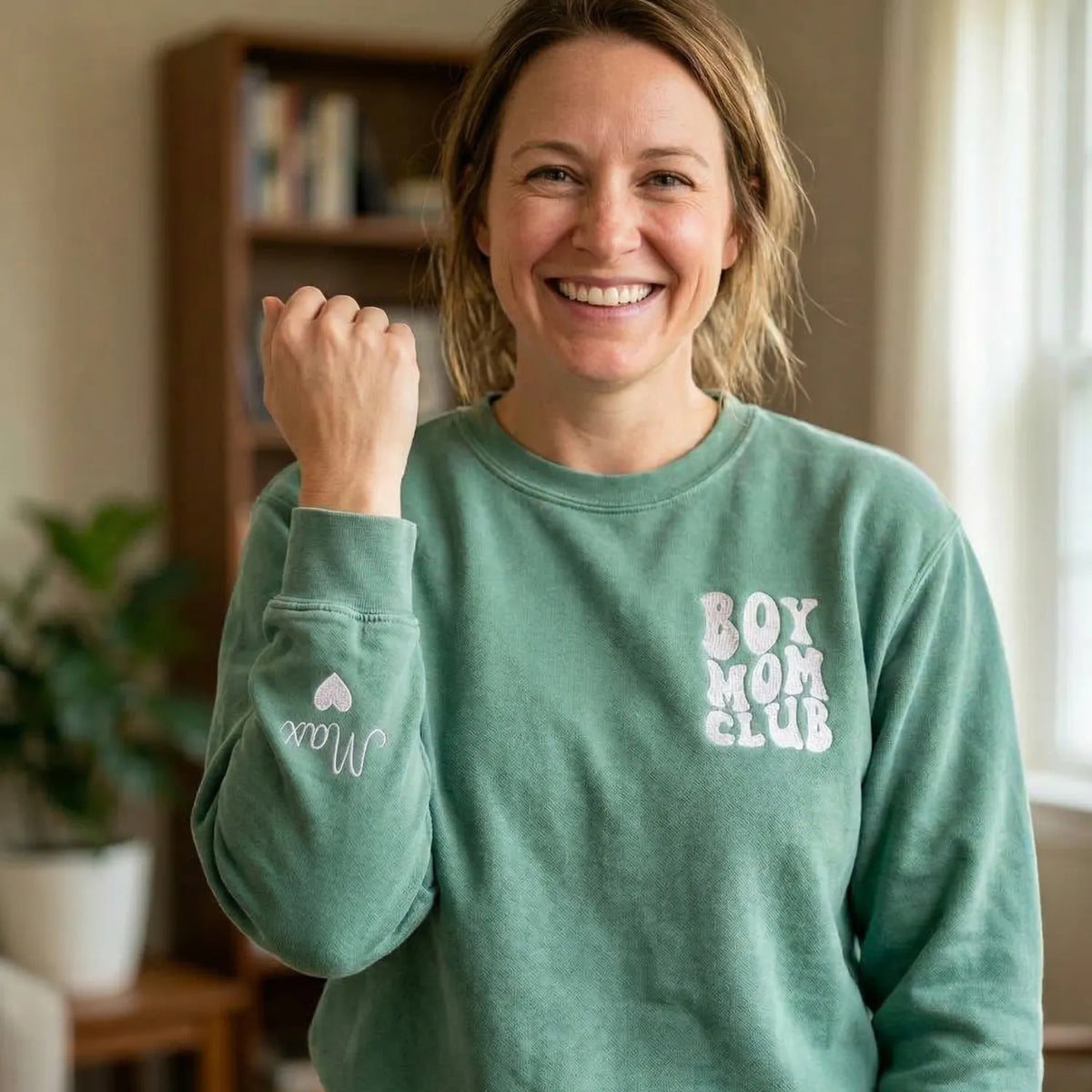 Boy Mom Club Sweatshirt or T-Shirt with Embroidered Kids Names on Sleeve