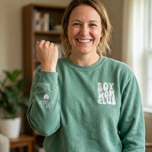 Boy Mom Club Sweatshirt or T-Shirt with Embroidered Kids Names on Sleeve