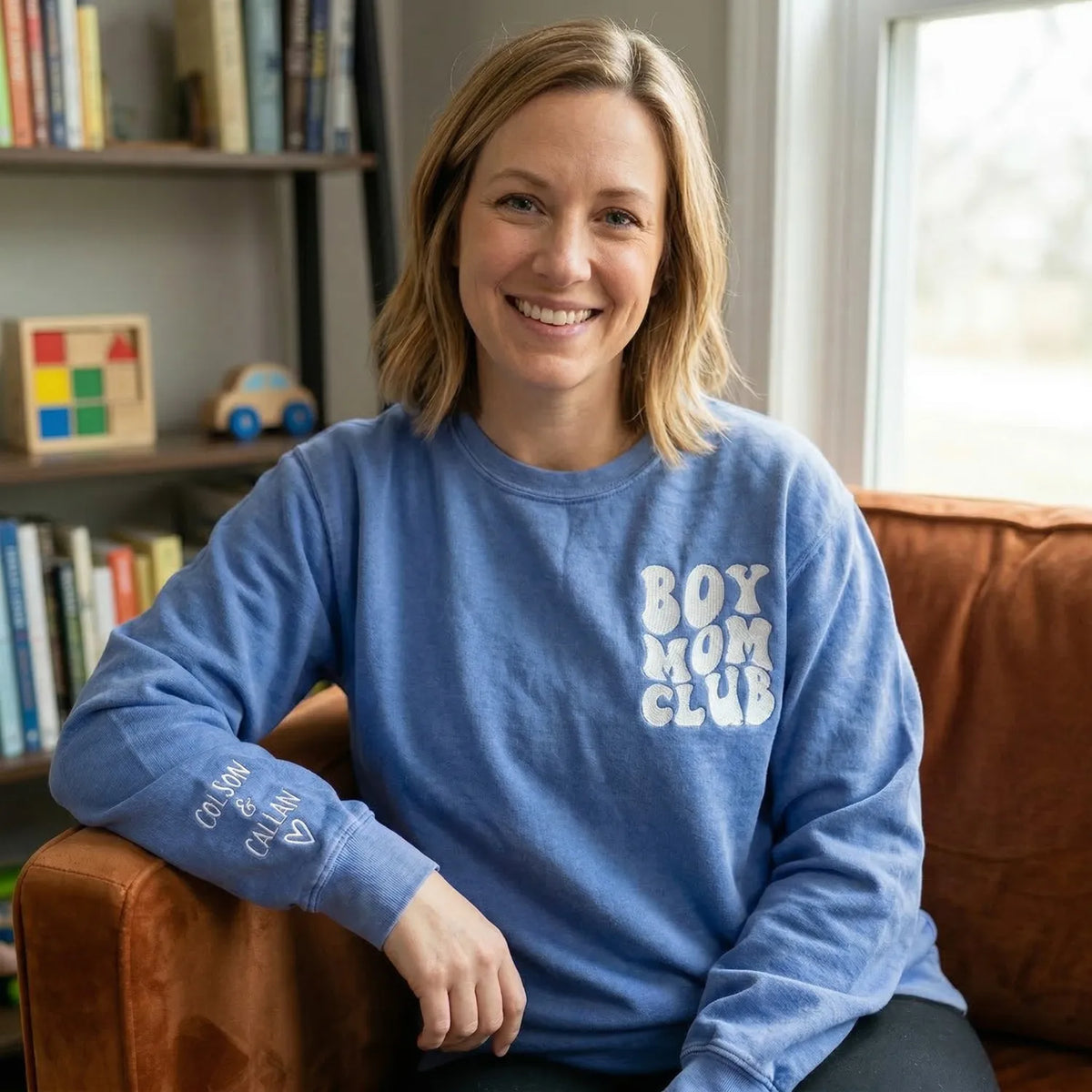 Boy Mom Club Sweatshirt or T-Shirt with Embroidered Kids Names on Sleeve