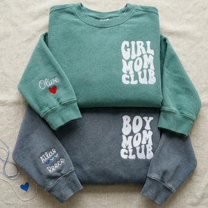 Boy Mom Club Sweatshirt or T-Shirt with Embroidered Kids Names on Sleeve