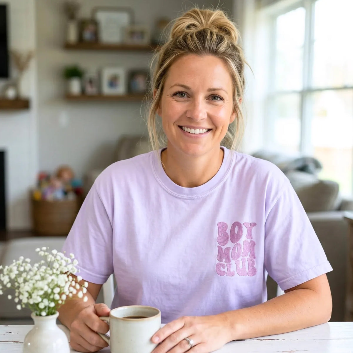 Boy Mom Club Sweatshirt or T-Shirt with Embroidered Kids Names on Sleeve