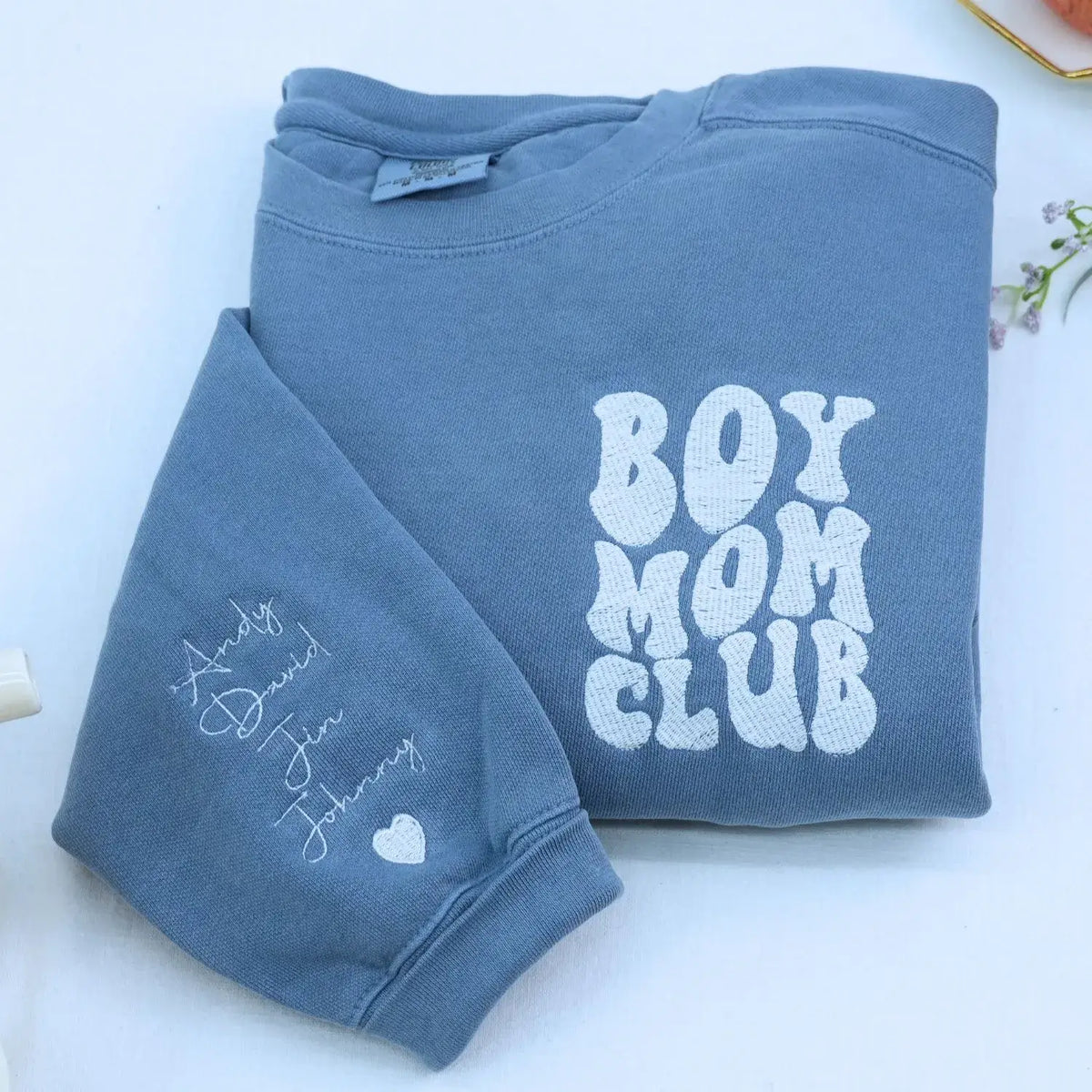boy mom sweatshirt with kids names embroidered on sleeve personalized gift for mothers with sons