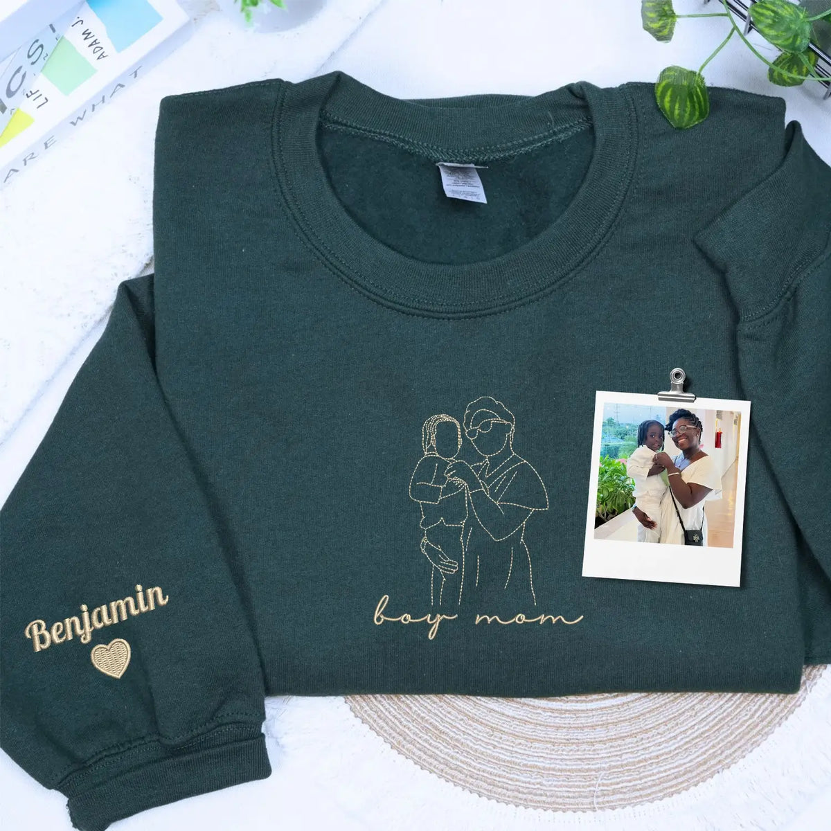 Custom embroidered Boy Mom hoodie with child’s line art portrait and name on sleeve, personalized gift for mothers