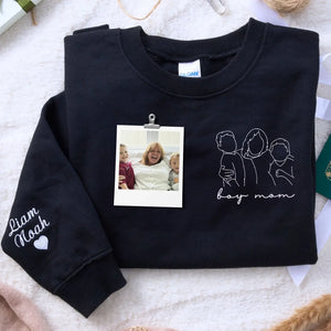 Custom embroidered Boy Mom hoodie with child’s line art portrait and name on sleeve, personalized gift for mothers
