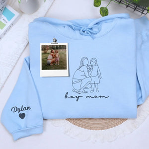 Custom embroidered Boy Mom hoodie with child’s line art portrait and name on sleeve, personalized gift for mothers