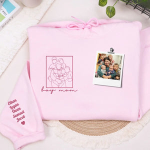 Custom embroidered Boy Mom hoodie with child’s line art portrait and name on sleeve, personalized gift for mothers