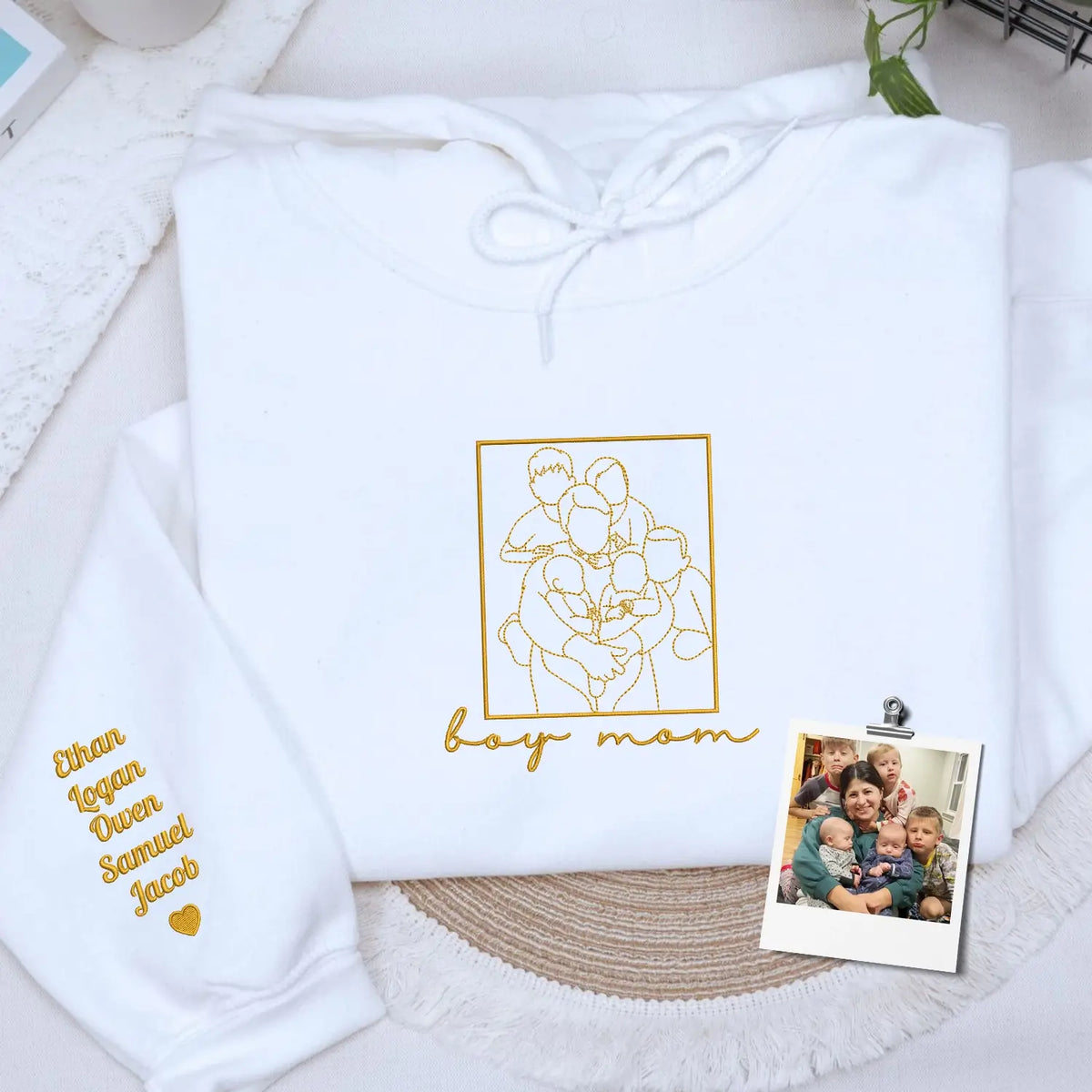 Custom embroidered Boy Mom hoodie with child’s line art portrait and name on sleeve, personalized gift for mothers