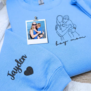 Custom embroidered Boy Mom hoodie with child’s line art portrait and name on sleeve, personalized gift for mothers