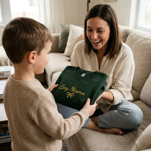 Personalized boy mom sweatshirt embroidered with kids names cozy custom Mother's Day gift for proud moms