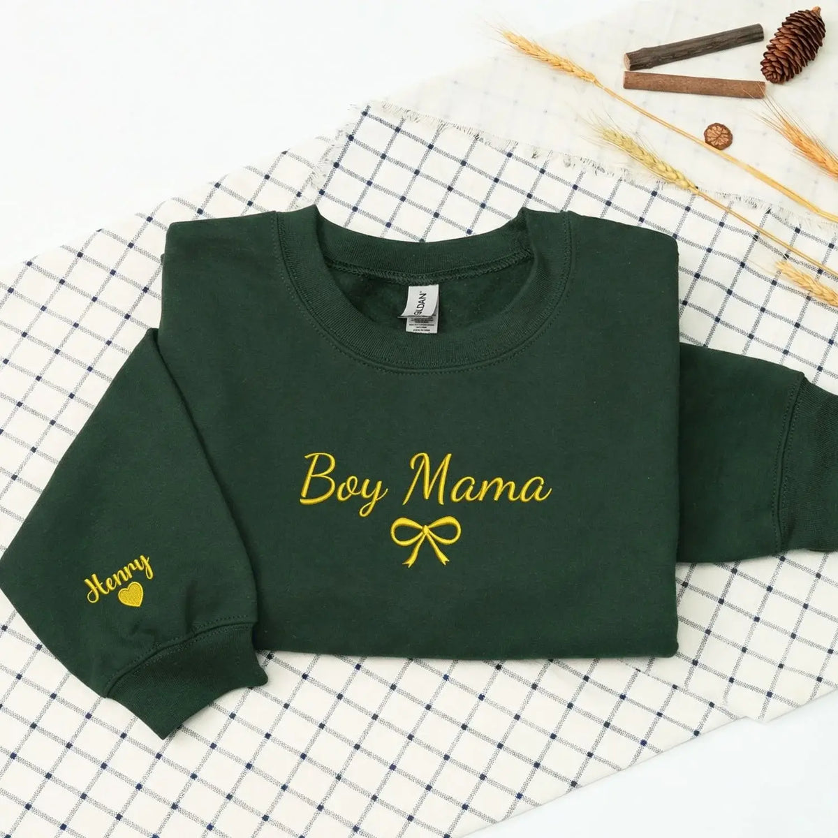 Personalized boy mom sweatshirt embroidered with kids names cozy custom Mother's Day gift for proud moms