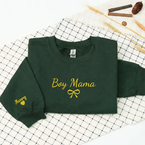 Personalized boy mom sweatshirt embroidered with kids names cozy custom Mother's Day gift for proud moms