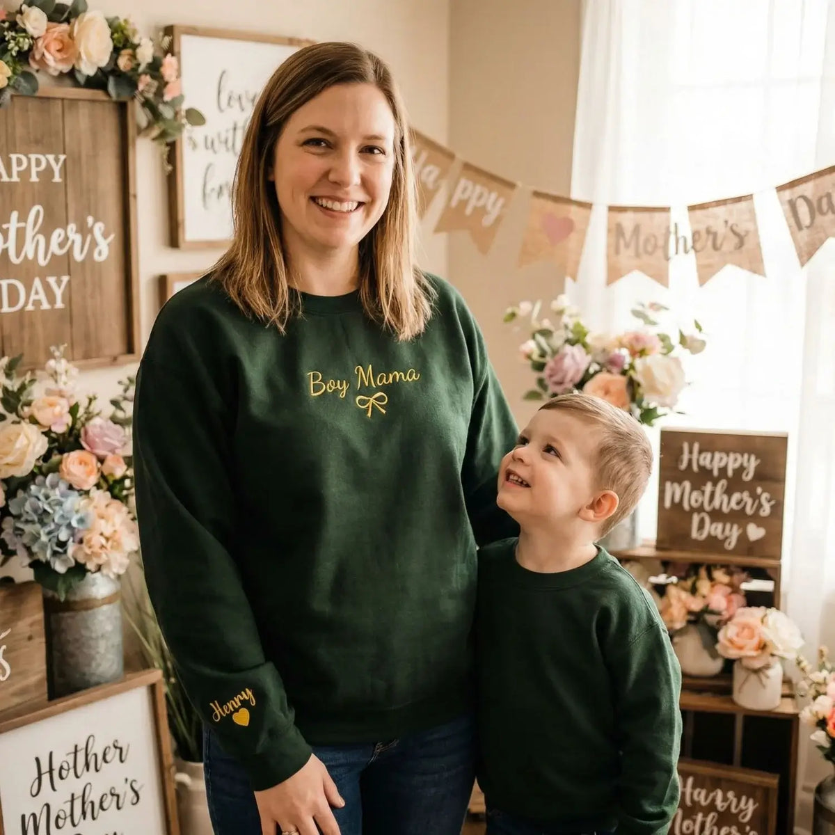 Personalized boy mom sweatshirt embroidered with kids names cozy custom Mother's Day gift for proud moms