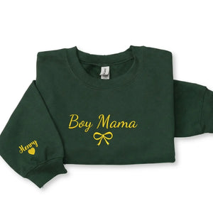 Personalized boy mom sweatshirt embroidered with kids names cozy custom Mother's Day gift for proud moms