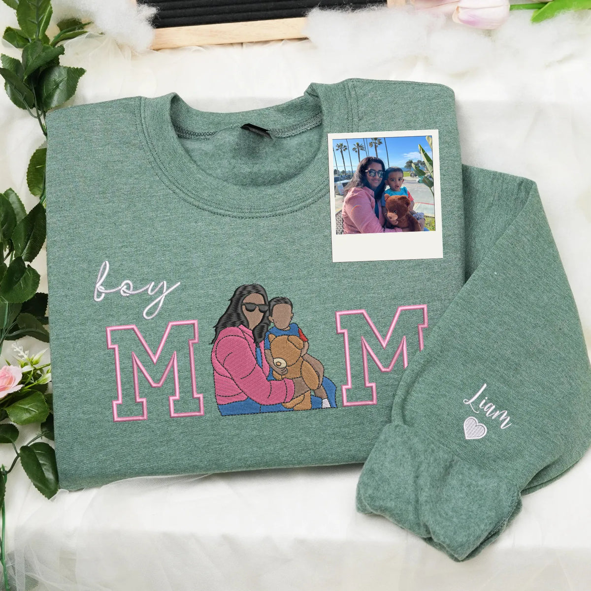Custom Boy Mom Photo Portrait Embroidered Sweatshirt Hoodie with Kids Names on Sleeve