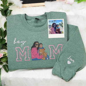 Custom Boy Mom Photo Portrait Embroidered Sweatshirt Hoodie with Kids Names on Sleeve