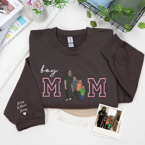 Custom Boy Mom Photo Portrait Embroidered Sweatshirt Hoodie with Kids Names on Sleeve